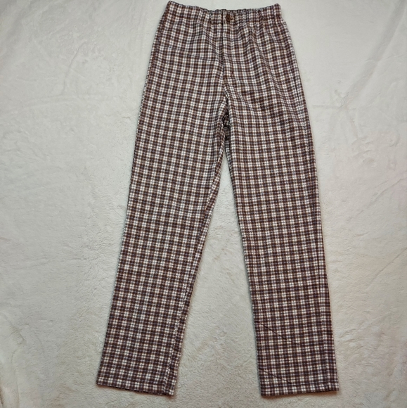 3/$20 Brandy Melville High Rise Brown Cream Blue Plaid Straight Leg Pants - Picture 2 of 11